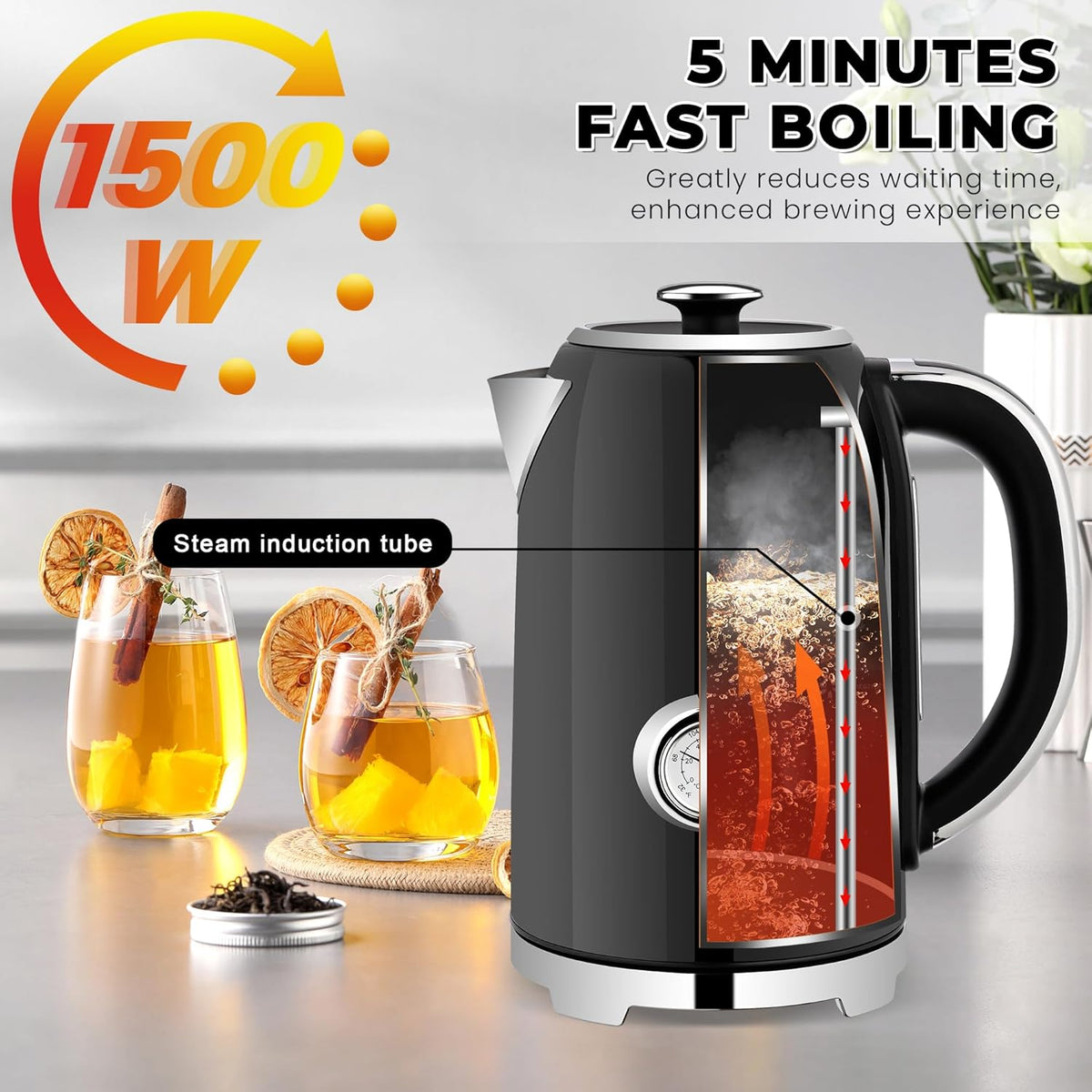 SUSTEAS Electric Kettle Temperature Control - 57oz Hot Water Boiler with Thermometer, 1500W Fast Heating Stainless Steel Tea Kettles, Cordless LED Indicator, Auto Shut-Off & Boil Dry Protection,Black