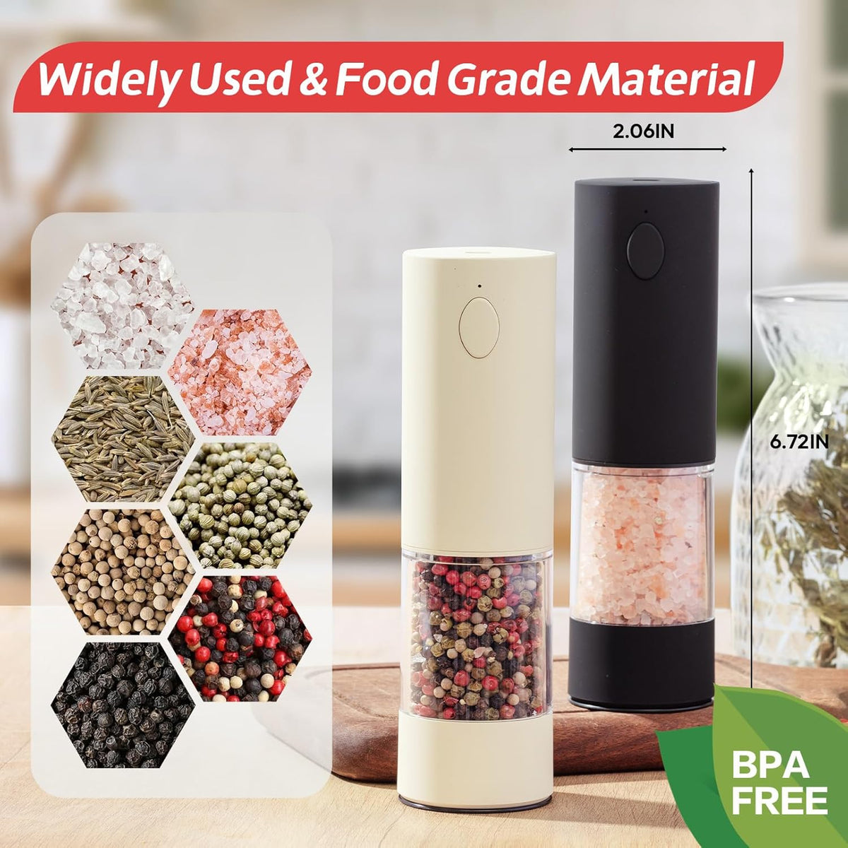 Electric Salt & Pepper Grinder Set (2 Pack) – USB Rechargeable, Adjustable Coarseness, One-Handed Operation with LED Light – Automatic Spice Mill Shaker for Kitchen, Dining, or Camping