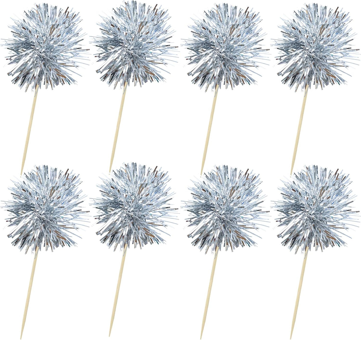 Ephlyn 30Pcs Foil Firework Cupcake Toppers Sparkle Tinsel Cupcake Picks Happy Birthday Cake Toppers Drink Stirrers Cocktail Food Fruit Toothpicks for Baby Shower Birthday Party Supplies Silver