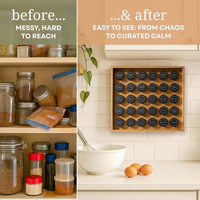 | Bamboo Spice Rack Organizer | 30 4 oz Spice Jars | 720 Labels | Funnel | Cabinet | Countertop | Pantry | Wall Mount