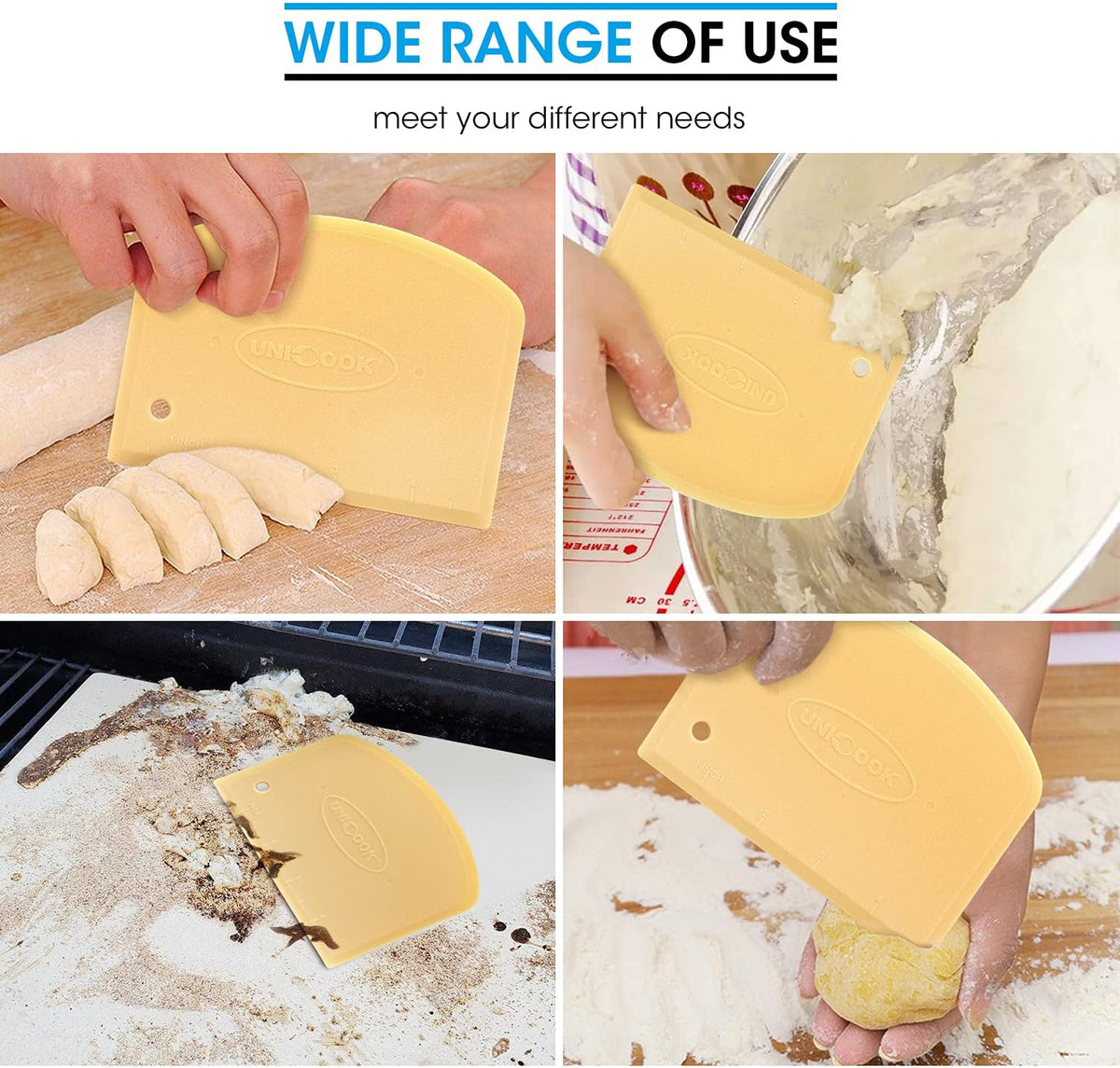 Unicook Dough Scraper, Flexible Bowl Scraper, Pastry Cutter with Measuring Scale, Nonslip Pizza Chopper, Multipurpose Baking Tool for Pizza/Dough/Cake, Easy to Clean, 2 Pack