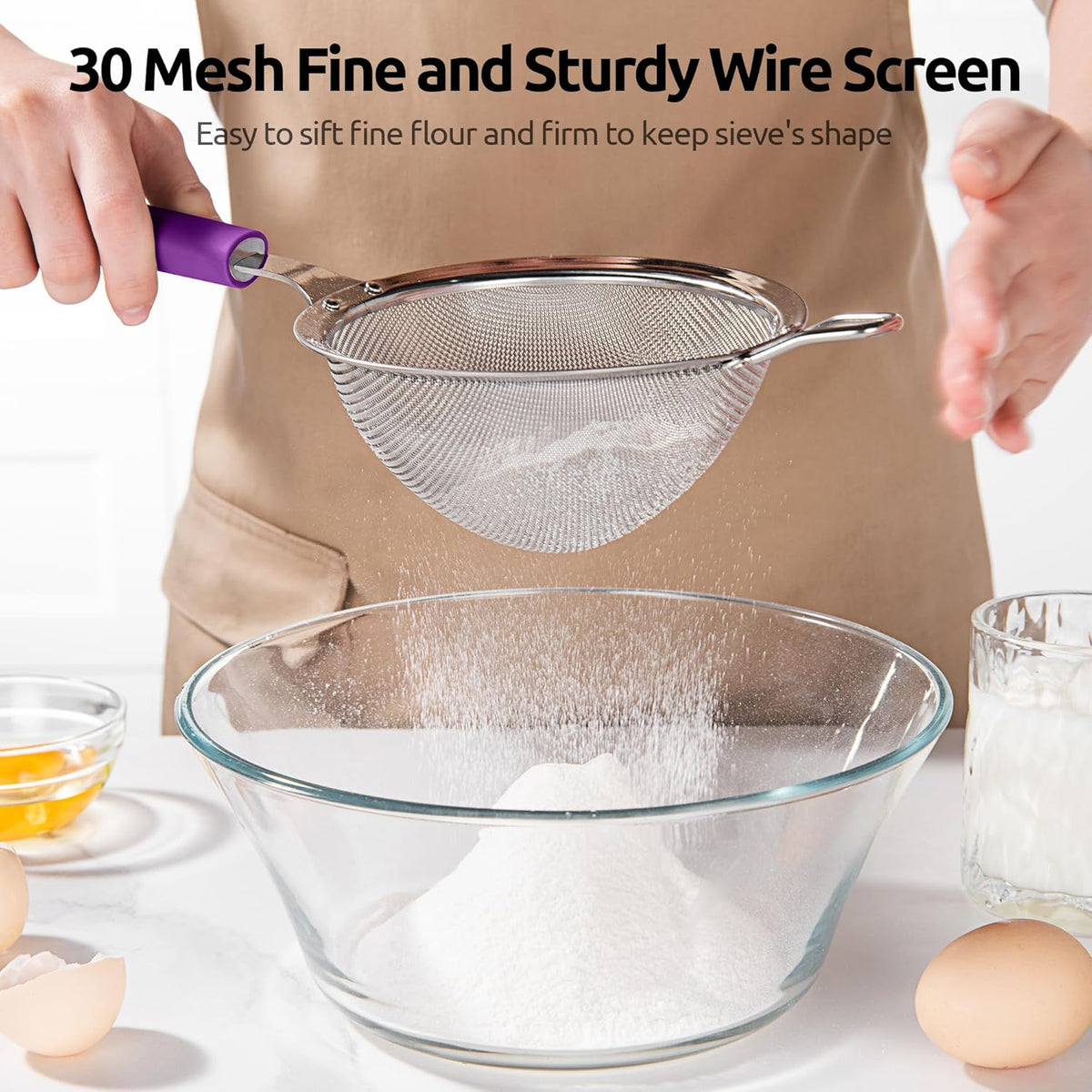 U-Taste Medium Fine Mesh Strainer: 18/8 Stainless Steel 4.73in 30 Mesh Kitchen Food Sieve with Sturdy Riveted Silicone Handle, Heavy Duty Deep Handheld Metal Colander for Rice, Quinoa, Flour (Purple)