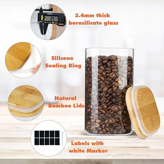 Glass Storage Containers with Airtight Bamboo Lids Set of 4,Pantry Food Storage Container,Perfect for Kitchen Organization-Flour, Rice, Pasta, Sugar, Coffee Beans, Accessories Included (4 packs(50oz))