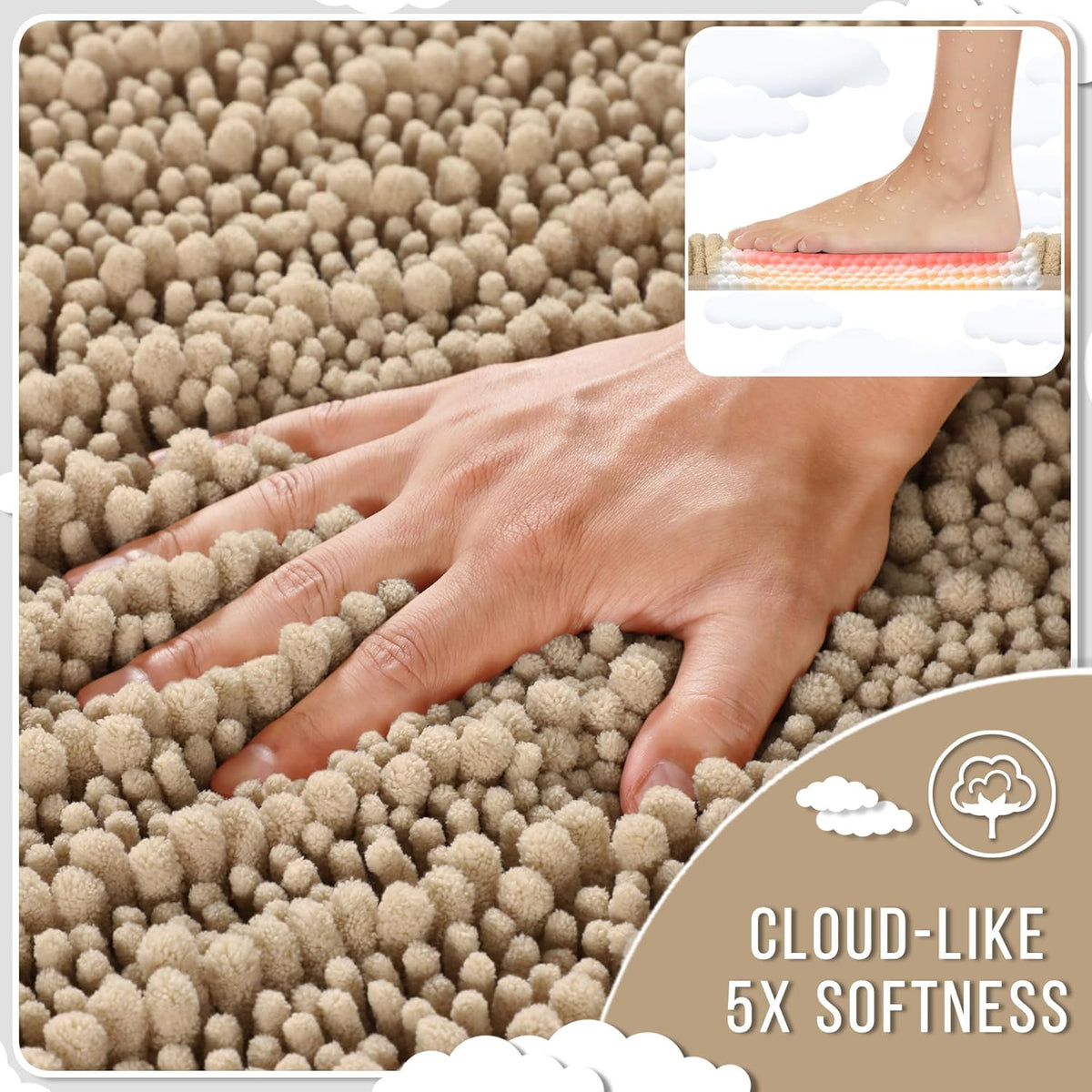 Yimobra Large Bathroom Rugs Non Slip Washable 36x24 Inch - Ultra Soft Absorbent Chenille Bath Mat, Quick Dry Shaggy Floor Carpet for Tub Shower, Pale Khaki Home Decor Accessories