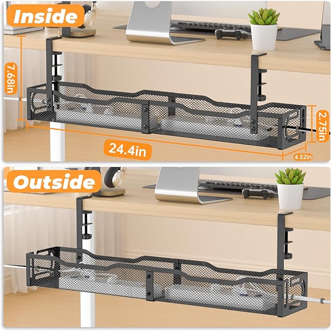 Under Desk Cable Management Tray, No Drill Steel Desk Cable Organizers, Wire Management Tray Cable Management Rack (24.4" Length-Black)