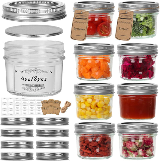 Eathtek Small Mason Jars 8 Pack, 4oz/120ml Mini Canning Jars with Regular Lids for Jelly Herbs Spice Honey Storage, Small Glass Jars Candle jars, Extra Lids Tags Label Included