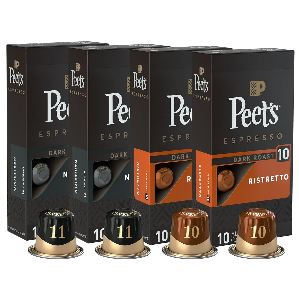 Peet's Coffee, Dark Roast Espresso Capsules Variety Pack, Compatible with Nespresso Original Machine - Intensity 10-11, 40 Count (4 Boxes of 10 Espresso Capsules)