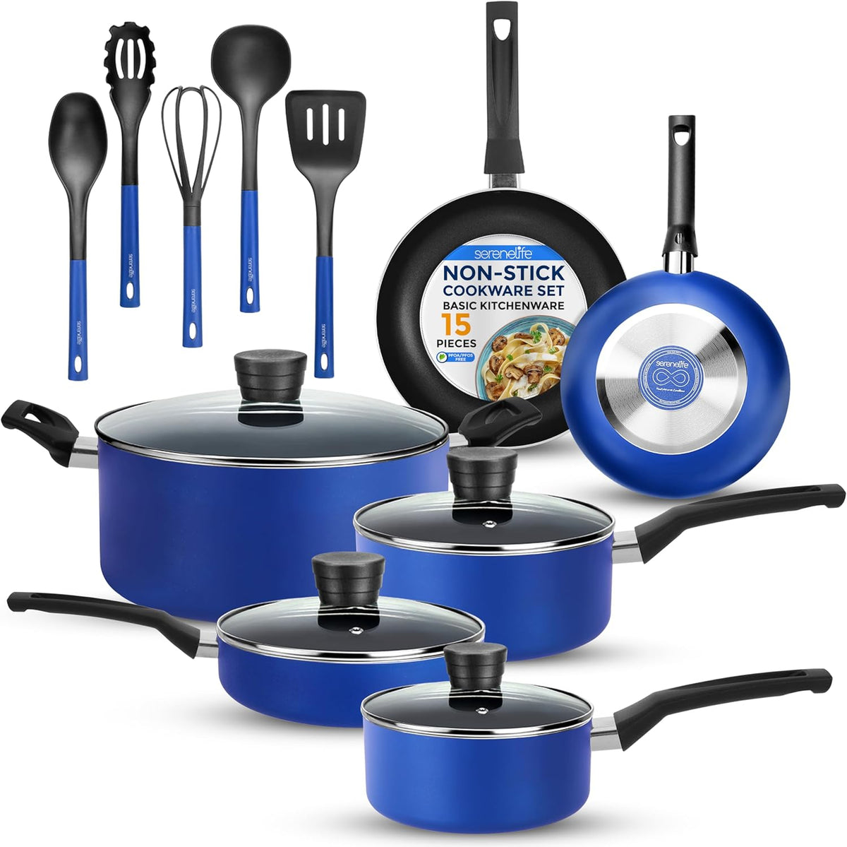 SereneLife 15-Pc Blue Cookware Set - Non-Stick, Heat-Resistant Pots & Pans with Lids, Dishwasher Safe, Includes Matching Utensils