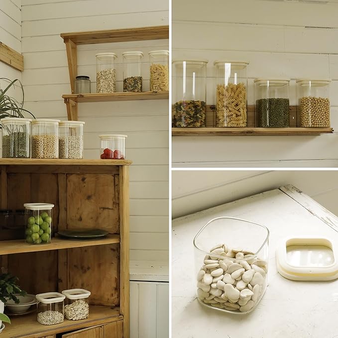 4pcs 40oz Square Pantry Glass Jars with Clear Airtight Lids Kitchen Canisters Sets for Flour, Sugar Refrigerator Safe, Patent Approved