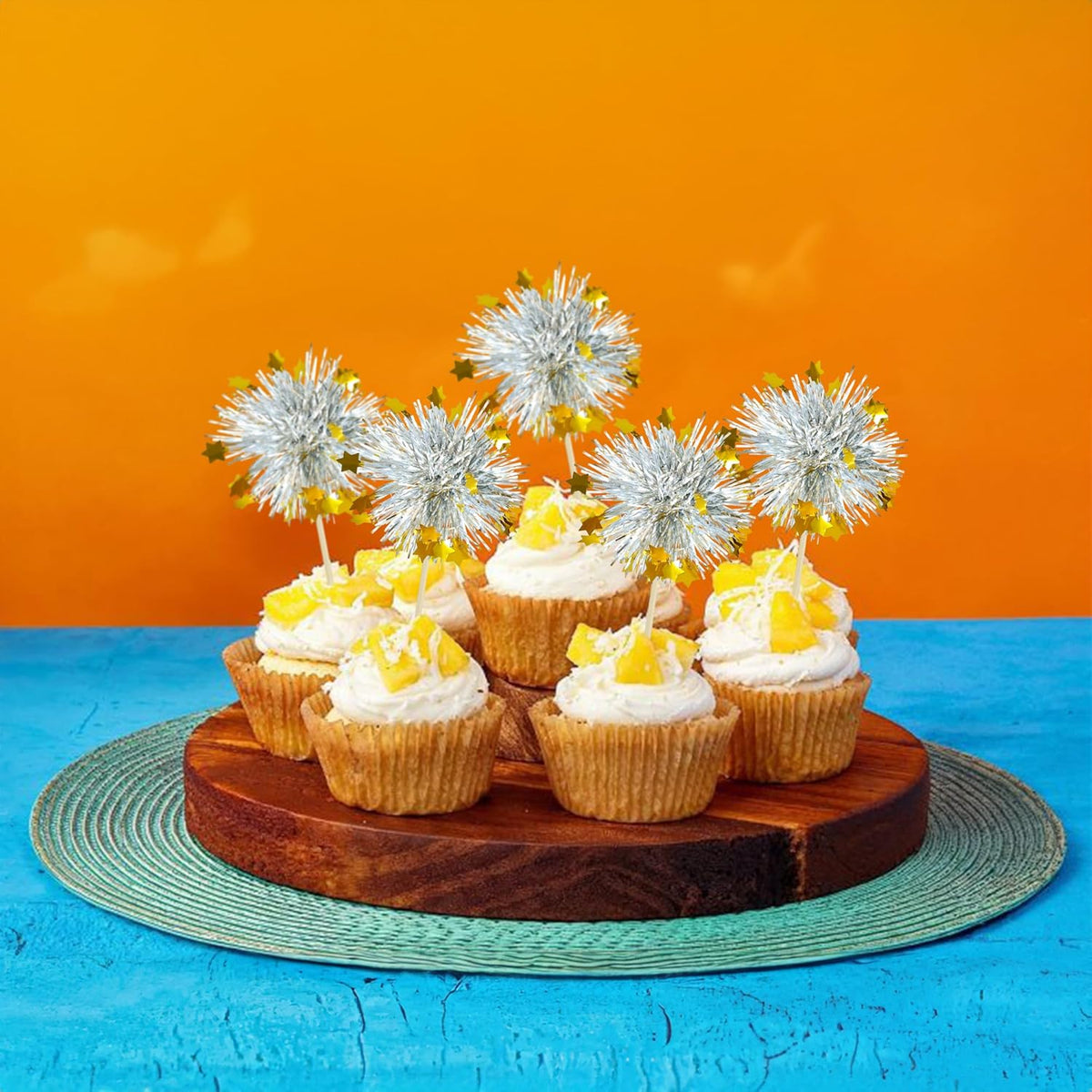 Ephlyn 30Pcs Foil Firework Cupcake Toppers Sparkle Tinsel Cupcake Picks Happy Birthday Cake Decorations Drink Stirrers Cocktail Food Fruit Toothpicks for Baby Shower Graduation Party Supplies Silver