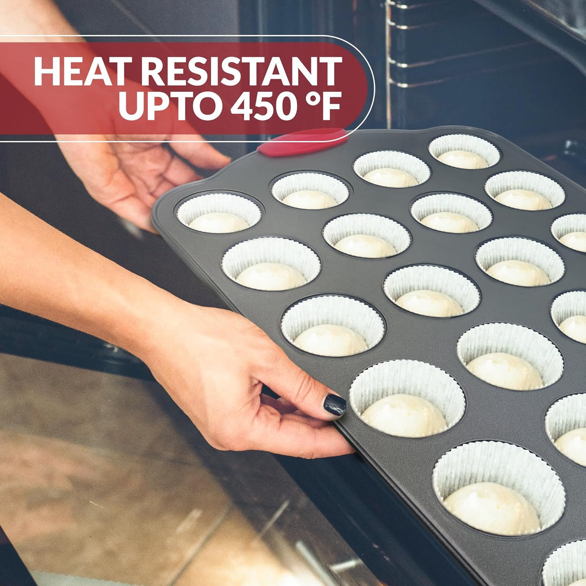 Boxiki Kitchen 24 Cup Mini Muffin Pan with Silicone Handles | Professional Non-Stick Cupcake Pan for Muffins, Cupcakes, Egg Bites, and More