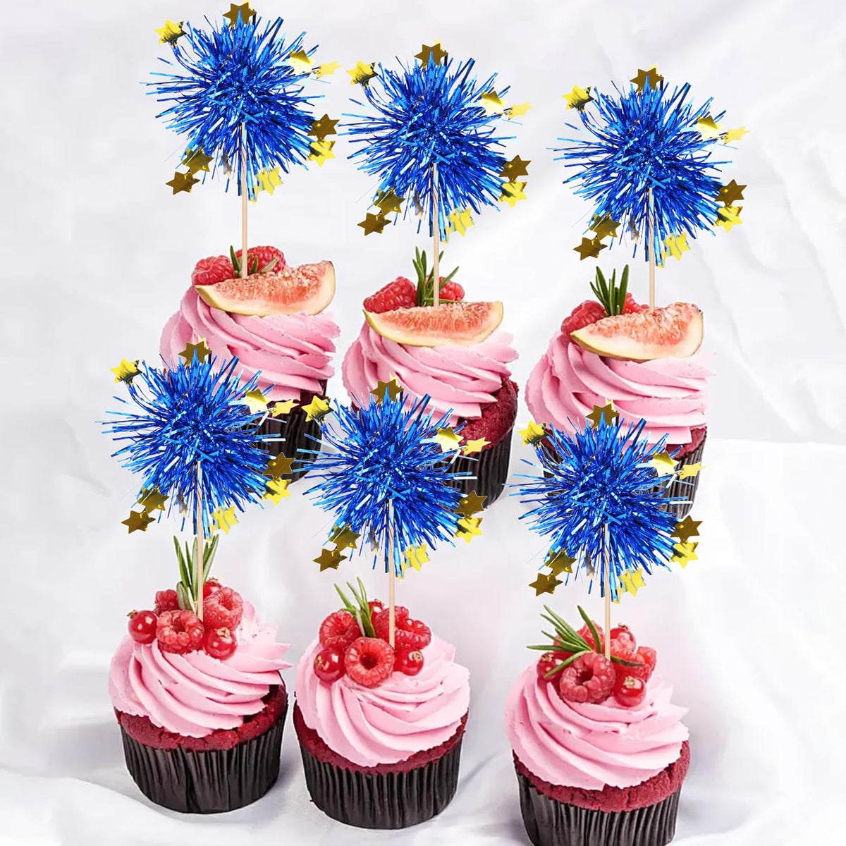 30 PCS Foil Firework Cupcake Toppers Happy Birthday Star Cupcake Picks Sparkle Tinsel Drink Stirrers Cocktail Fruit Toothpicks for Valentine's Day Wedding Birthday Party Decorations Supplies Blue