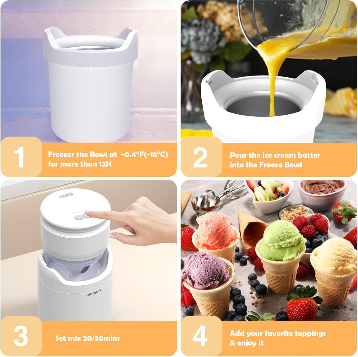 Ice Cream Maker Machine – Premium Mini Electric Maker Machine with Low-Noise Operation, Rechargeable,Perfect for Gelato, Sorbet & Frozen Yogurt, Easy to Clean,White