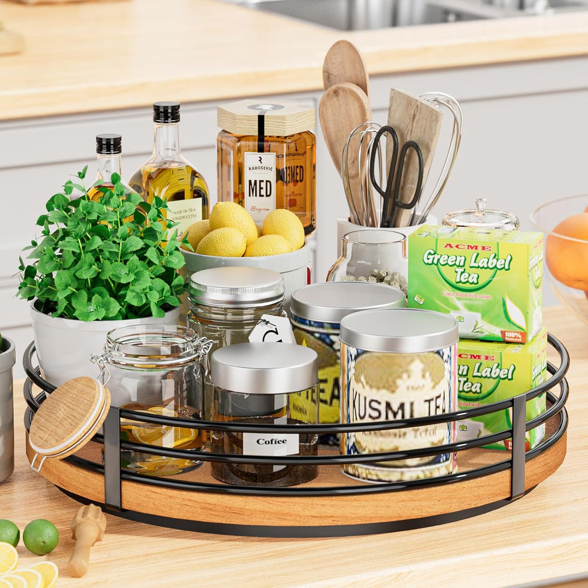 13" Lazy Susan Turntable Organizer - Wood Round Lazy Susan for Cabinet Kitchen Countertop Pantry Cupboard Dining Table Bathroom Coffee Bar Spice Storage Home Decor