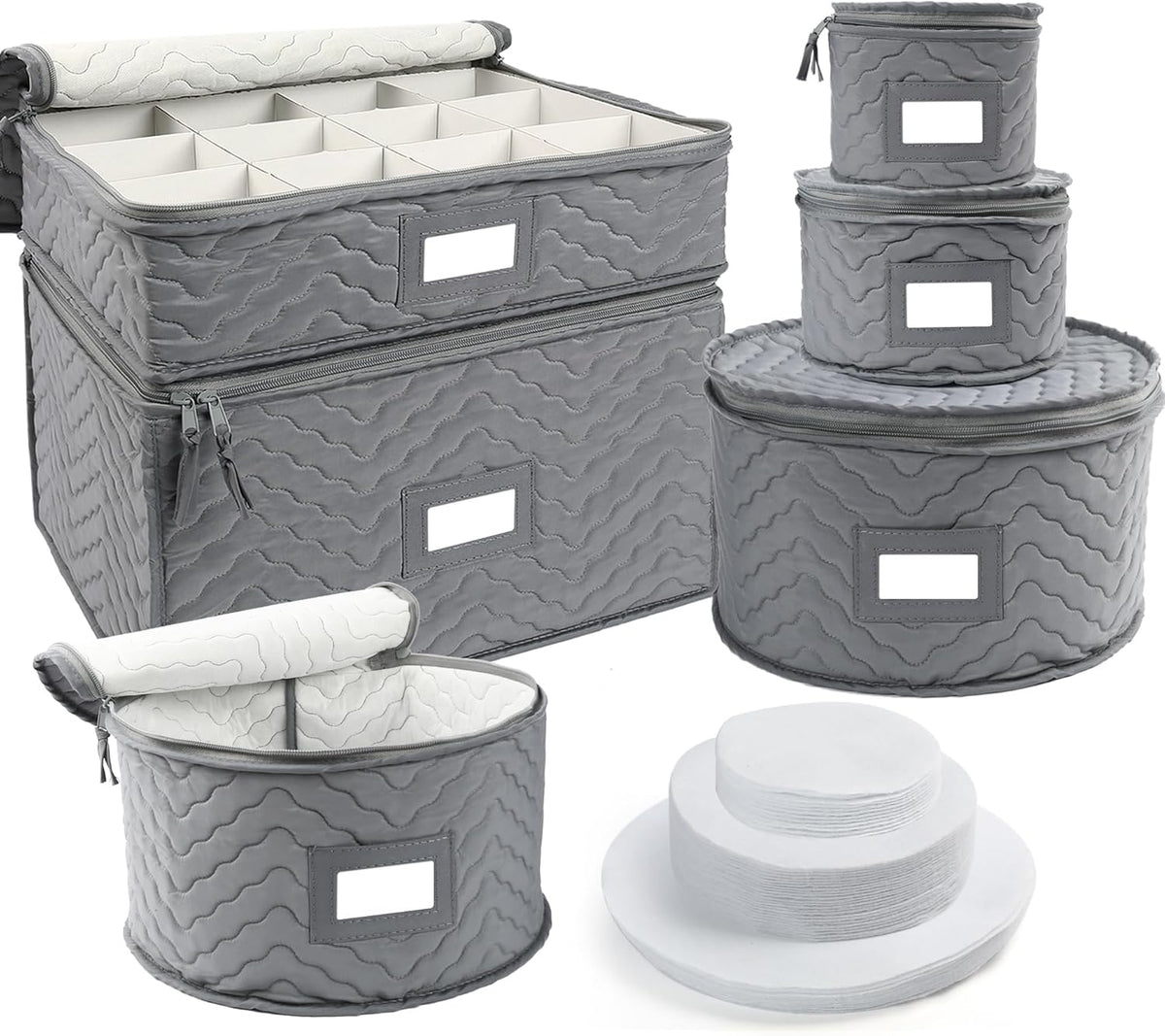 LotFancy China Storage Containers - Quilted 6-Piece Set Storage Box- Stores Chinaware, Stemware, Dinnerware, Dish Storage Service for 12, 48 Pcs Felt Protectors, Cardboard Dividers Included