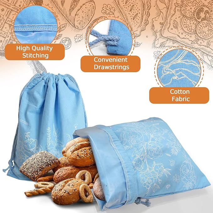 4 Pack Sourdough Bread Bags with Foodgrade TPU Lining, Linen Bread Bags for Homemade Breads, 16x12" Reusable Canvas Breads Bag with Drawstring Natural Large Storage for Fresh Keeping Loaf