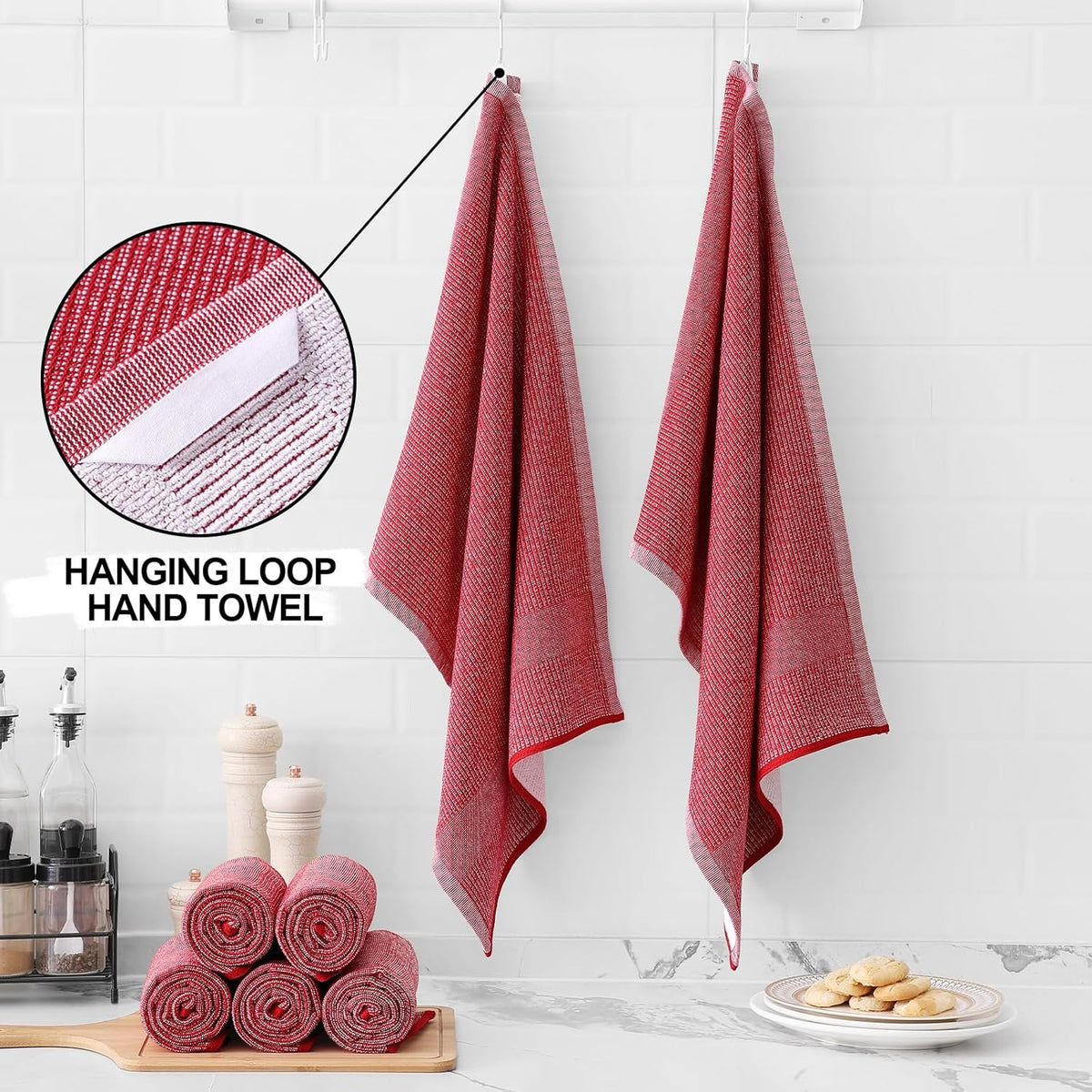Homaxy Premium Kitchen Towels(18”x 28”, 6 Pack), Large Cotton Kitchen Hand Towels, Flat and Terry Dish Towels, 380 GSM Highly Absorbent Tea Towel Set with Hanging Loop, Red