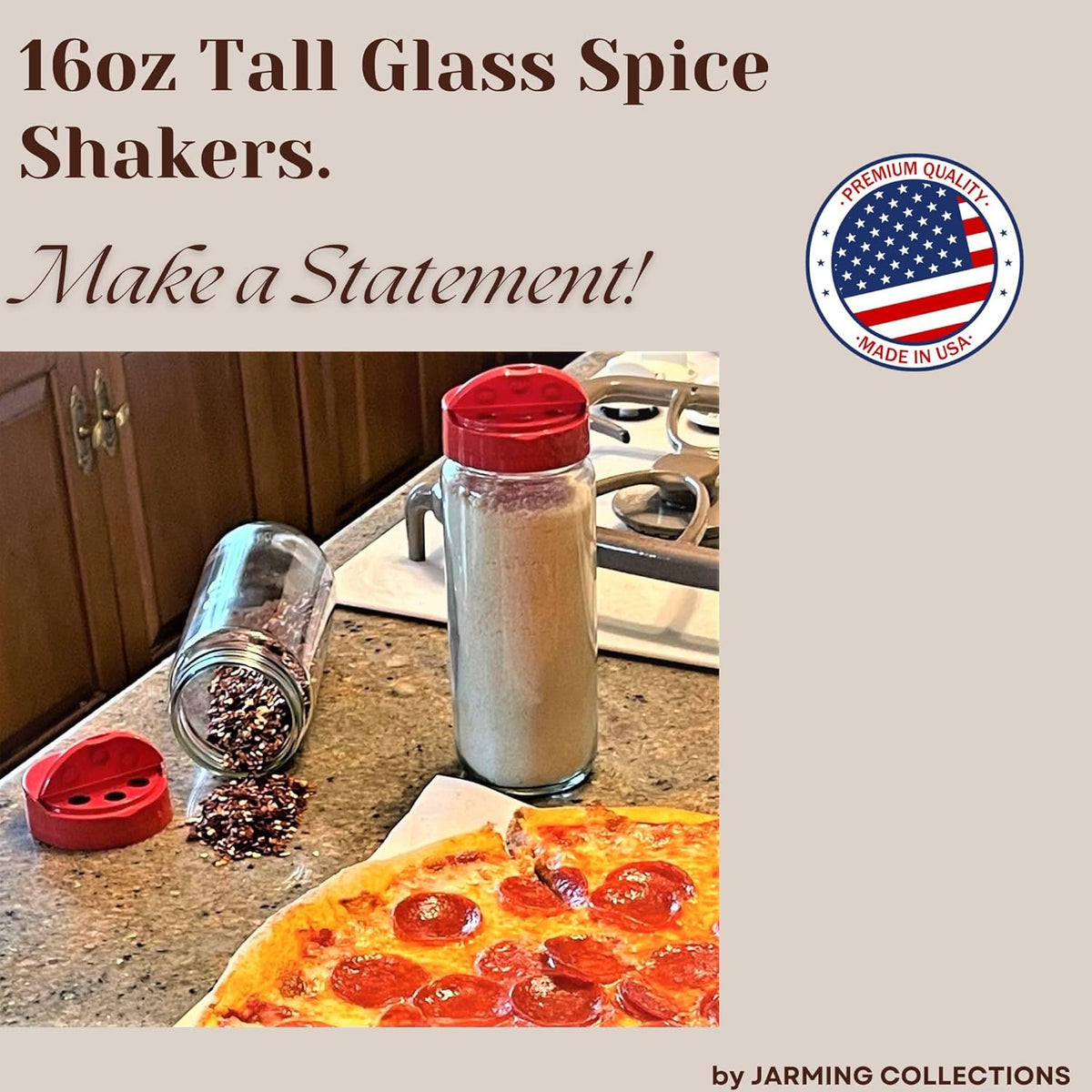 JARMING COLLECTIONS Glass Spice Jars with Shaker Lids - Spice Jars 16 oz for Food Storage, Spice Containers for Kitchen Organization, Organizing Bottles for Spices (Red - Set of 3)
