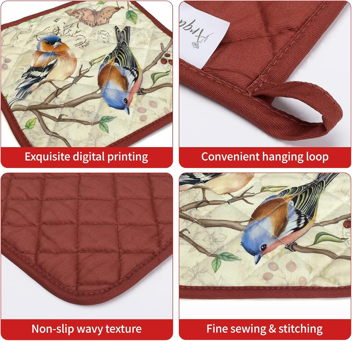 Vintage Bird Oven Mitts and Pot Holders Sets 2Pcs, 100% Cotton Heat Resistant, Extra Long Oven Gloves Potholder for Kitchen Cooking Baking Decoration