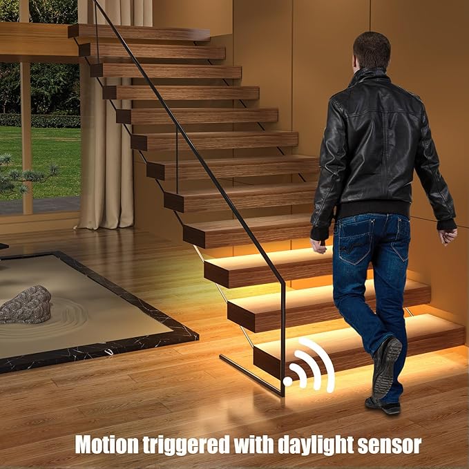 RW-5630 Motion-Activated LED Stair Lighting Kit with Daylight Sensor, 48" Warm White 3000K Cuttable Strip Light for Indoor LED Stair Lights (20 Steps)