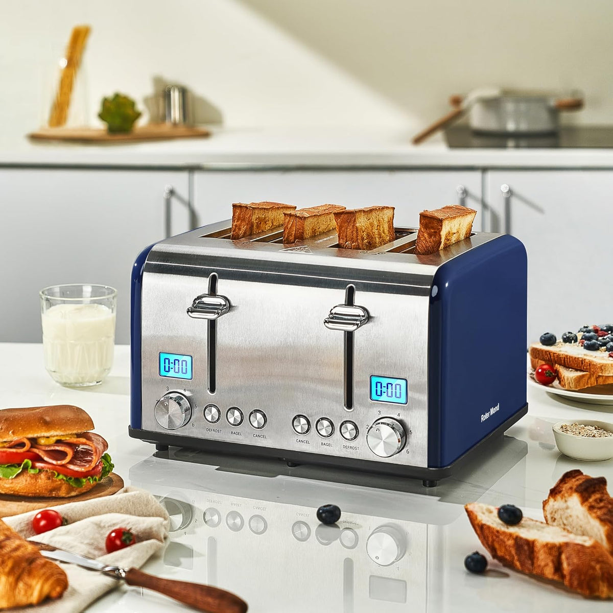 Countdown Stainless Steel 4 Slice Toaster with Bagel, Defrost, Cancel Function, Dual Toaster, Extra Wide Slots, 6 Shade Settings, Removable Crumb Trays, 1650W, Blue