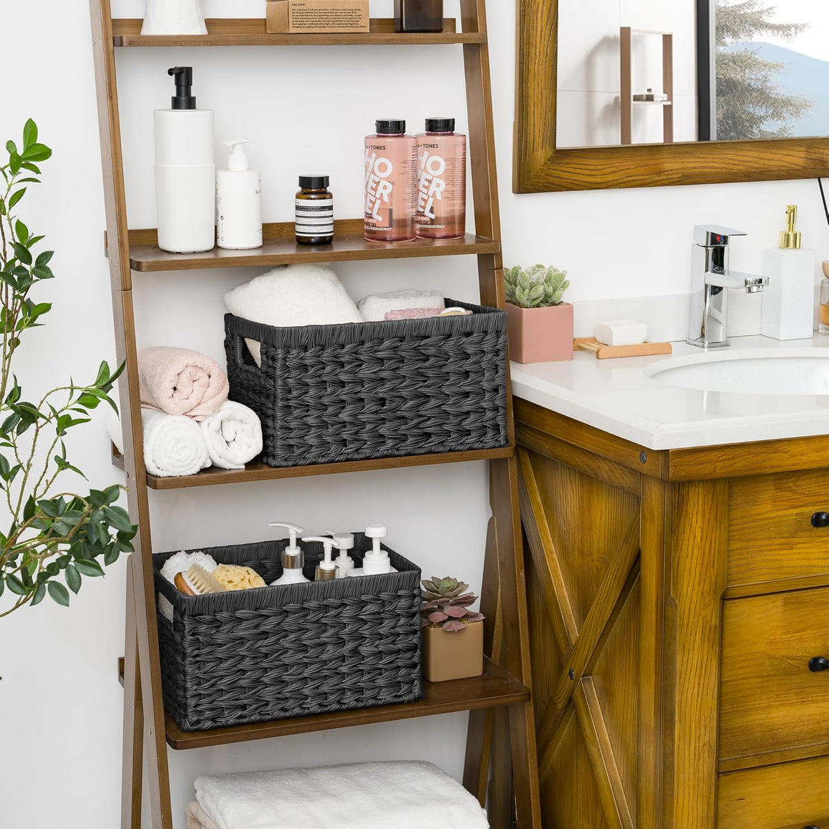 GRANNY SAYS Wicker Basket, Decorative Woven Baskets for Storage, Waterproof Storage Basket Organizer, Wicker Storage Basket for Organizing, 2-Pack, Black