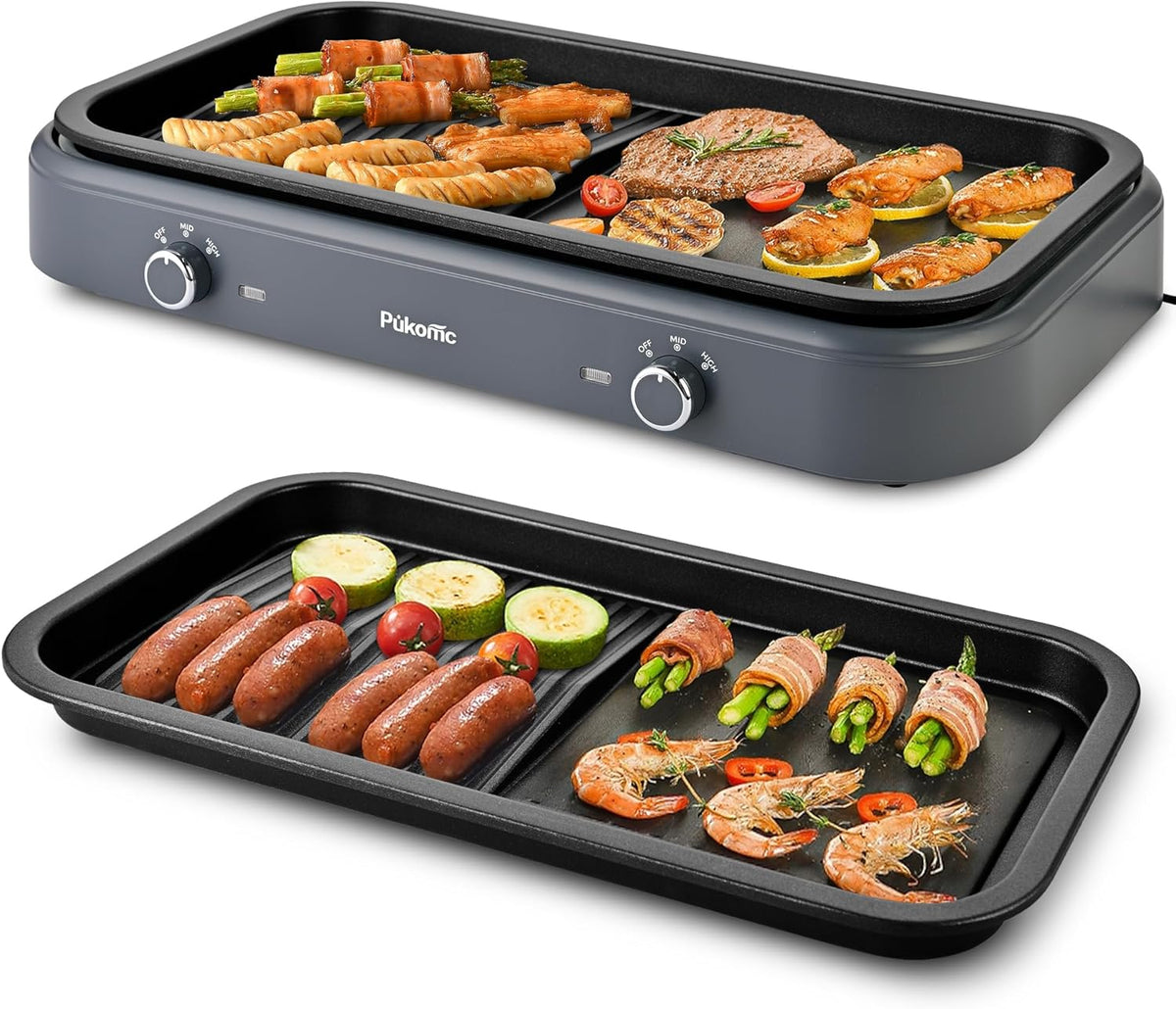 Pukomc Electric Indoor Grill,1500W,Non-Stick Cooking,Adjustable Dual Cooking Zones with,indoor grills electric smokelessSafe for Family, Party, Kitchen Use,gray