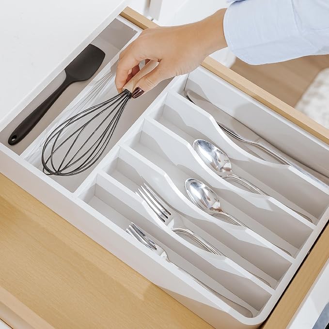 Silverware Organizer - Cutlery, Flatware, and Utensil Holder for Kitchen Drawers, Fixed 10.5” Width, 7 Storage Compartments, Non-Slip Feet, Rounded Corners, 100% Bamboo, White Finish