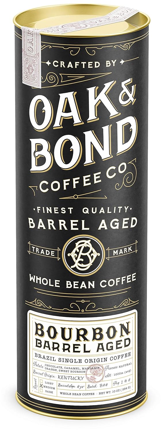 Oak & Bond Coffee Co. Bourbon Barrel Aged Coffee, Brazil Single Origin Whole Bean, Medium Roast - Chocolate, Caramel, Mandarin Orange, Sweet Bourbon Flavors - 10oz