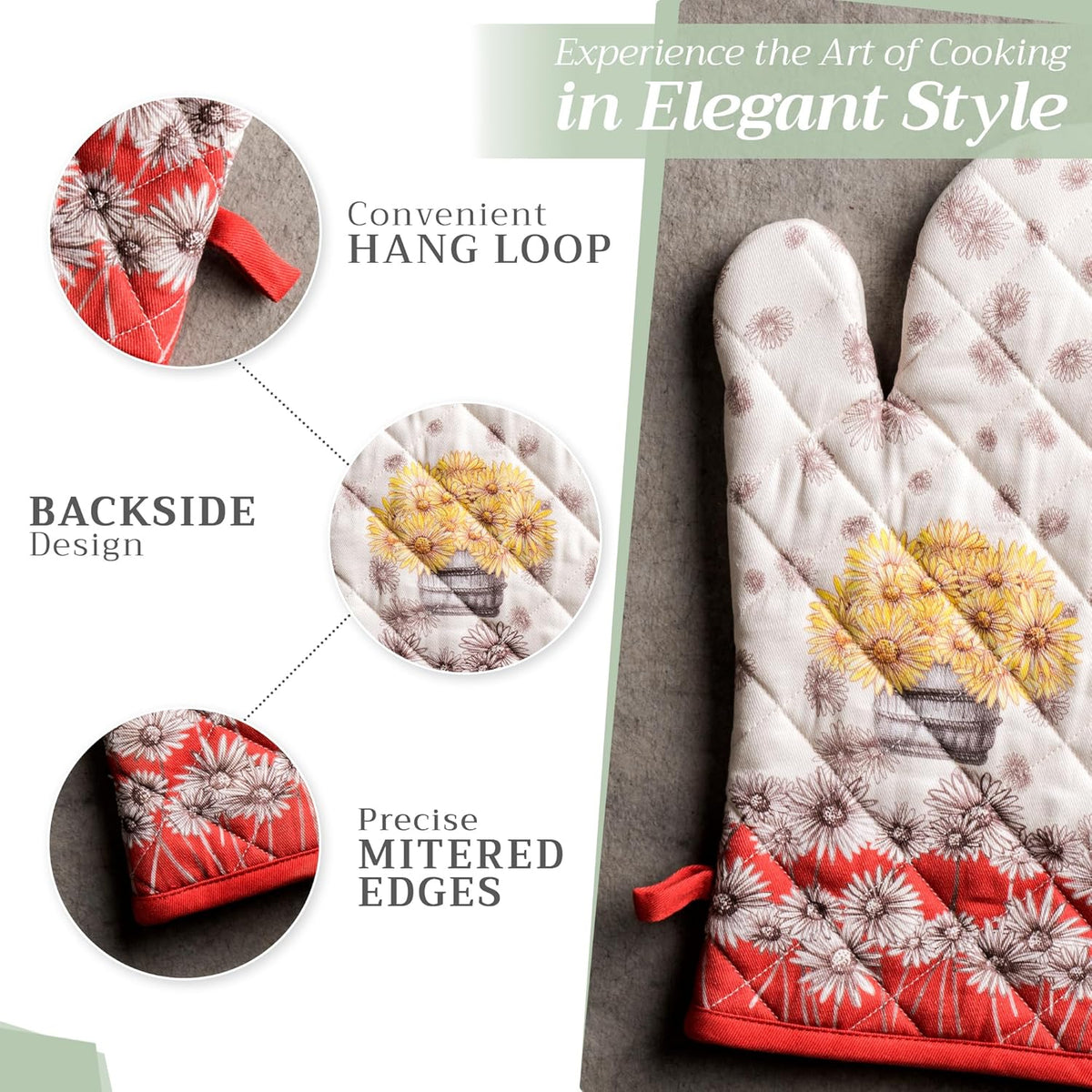 Maison d' Hermine Oven Gloves 100% Cotton Oven Mitt 7" x 13" with Loop Heat Resistant, BBQ, Cooking Gloves, Baking, Grilling, Kitchen, Handling Hot Pans (Pack of 1, Bagatelle)