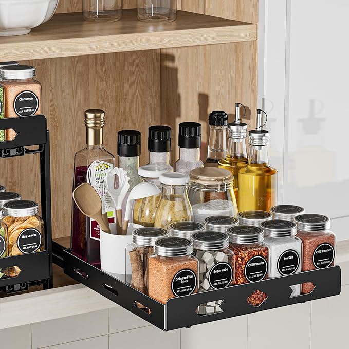 Pull Out Spice Rack Organizer for Cabinet, Heavy Duty Spice Organizer, Vertical Spice Rack Organizer for Kitchen, Cabinet, Pantry (10.5''Wx10.5''Dx2.8''H, Metal Black)