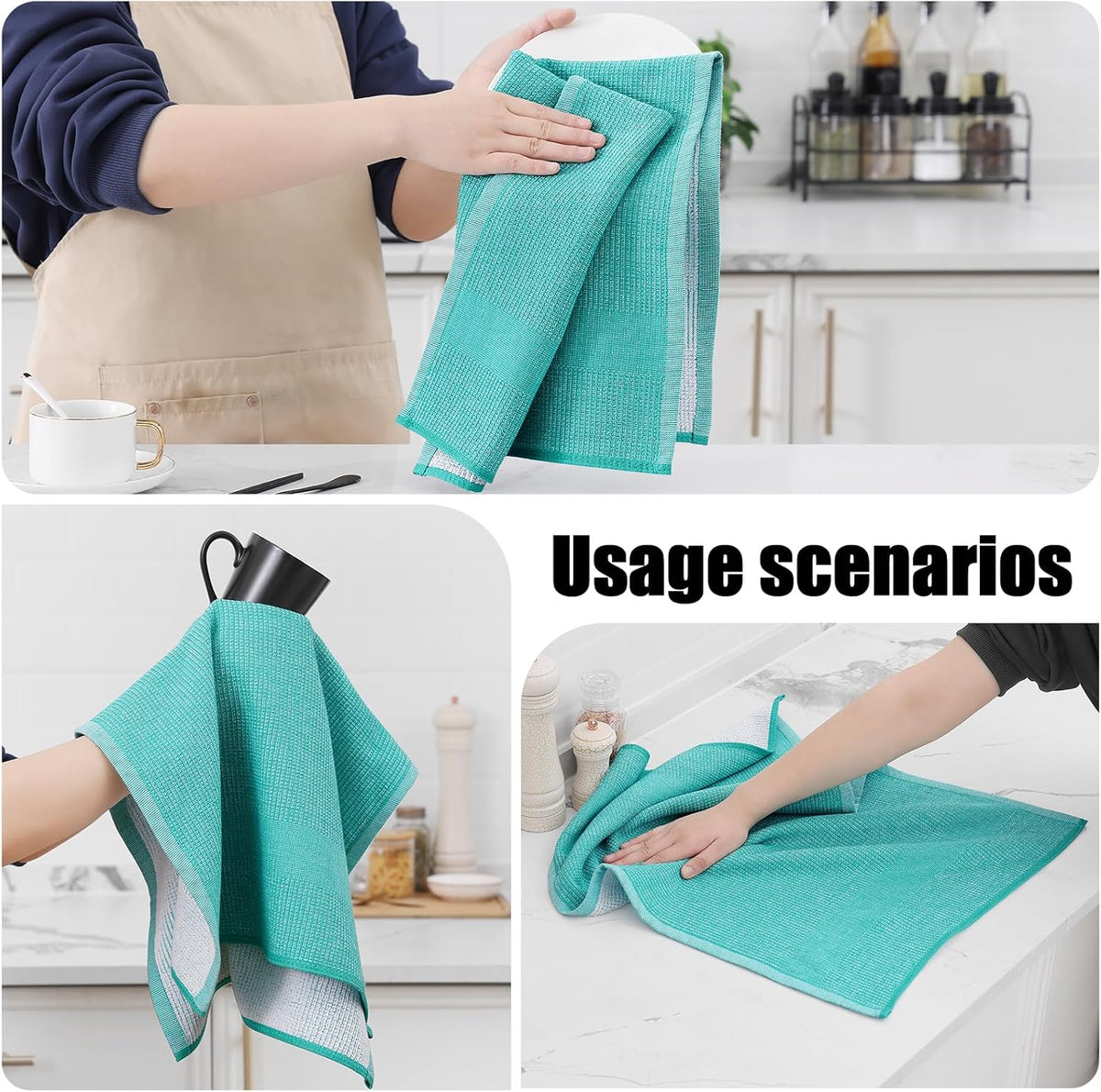 Homaxy Premium Kitchen Towels(18”x 28”, 6 Pack), Large Cotton Kitchen Hand Towels, Flat and Terry Dish Towels, 380 GSM Highly Absorbent Tea Towel Set with Hanging Loop, Teal