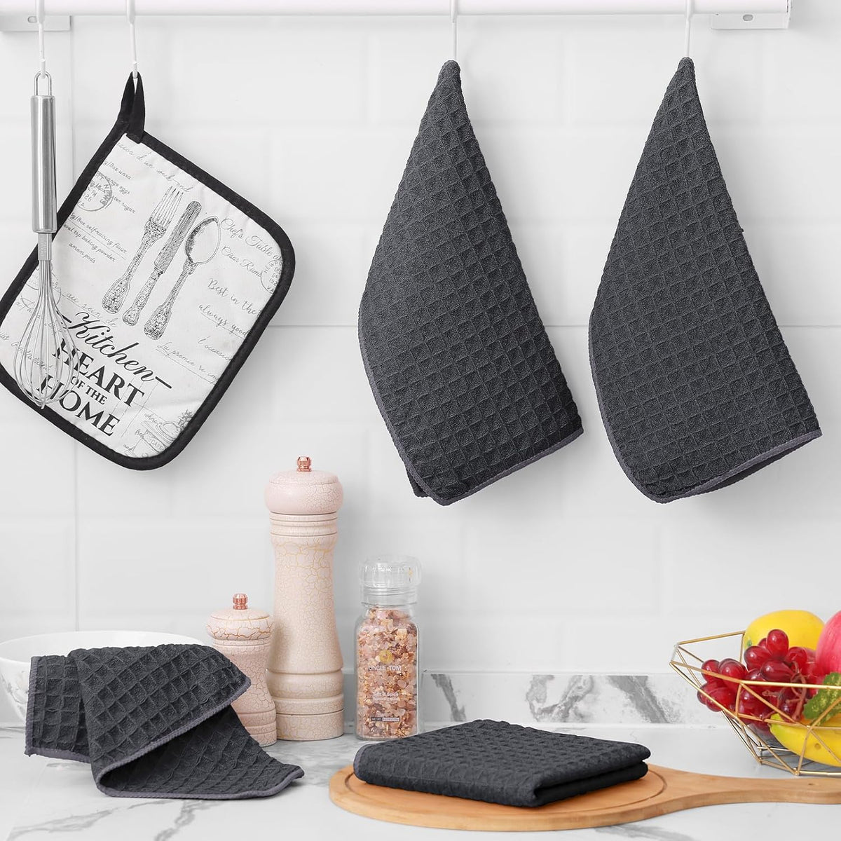 Homaxy Microfiber Waffle Weave Kitchen Dish Cloths, 12 x 12 Inch Ultra Absorbent and Solid Color Dish Towels for Kitchen Fast Drying Dishcloth for Washing Dishes, 8 Pack, Dark Grey