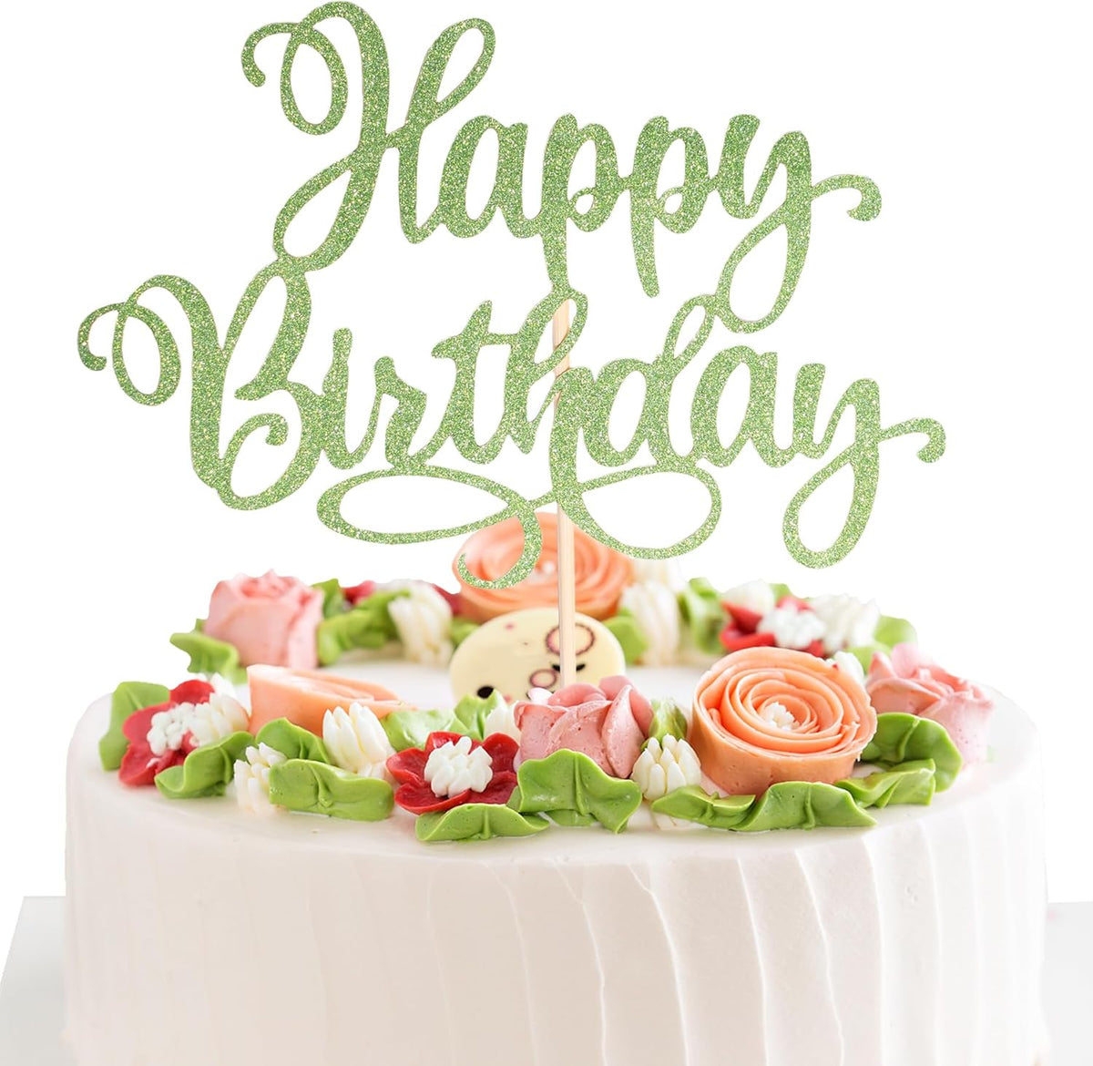 Happy Birthday Cake Toppers 9 Inch Glitter Happy Birthday Cake Pick for Birthday Anniversary Theme Party Cake Decorations Supplies - Olive Green