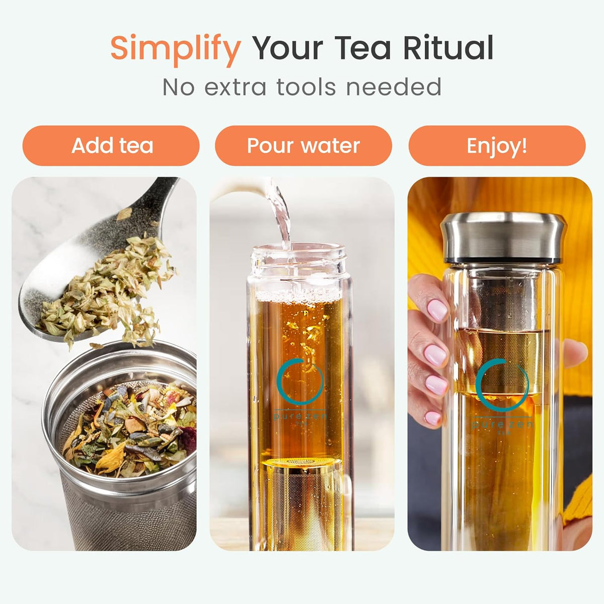Pure Zen Tea Tumbler with Infuser - Double Wall Glass Travel Mug with Stainless Steel Filter - Leakproof Tea Infuser Bottle for Loose Leaf Infusions and Fruit Infused Water - Unique Gift Set - 13 oz