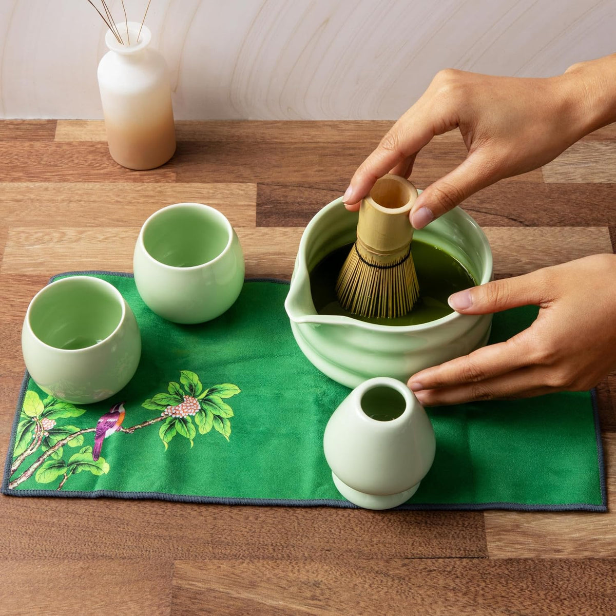 Marce Matcha Whisk Set- Matcha Set includes Matcha Whisk and Bowl (Bowl with Spout), Sifter, Holder and Scoop- The Perfect Bamboo Whisk for Matcha Tea (Green- 7PC)