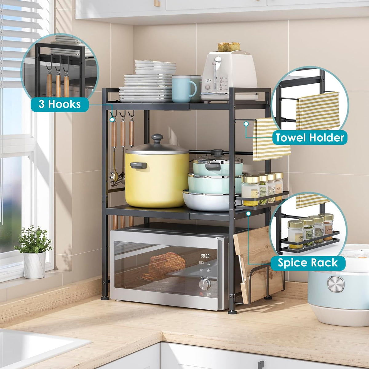 DOLALIKE Microwave Oven Rack, Expandable Microwave Stand Countertop Kitchen Utensils Tableware Storage, Carbon Steel Over Microwave Shelf Countertop with 6 Hooks