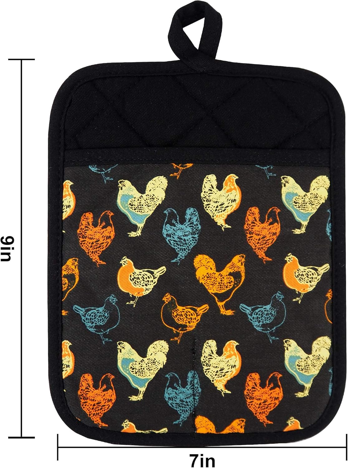 Pot Holders Set of 2 Heat Resistant 480 ℉Non Slip Clear Silicone Printed Comfortable Cotton Lining Kitchen Women Men Cooking Baking Microwave Machine Washable (Rooster, Black Potholders)