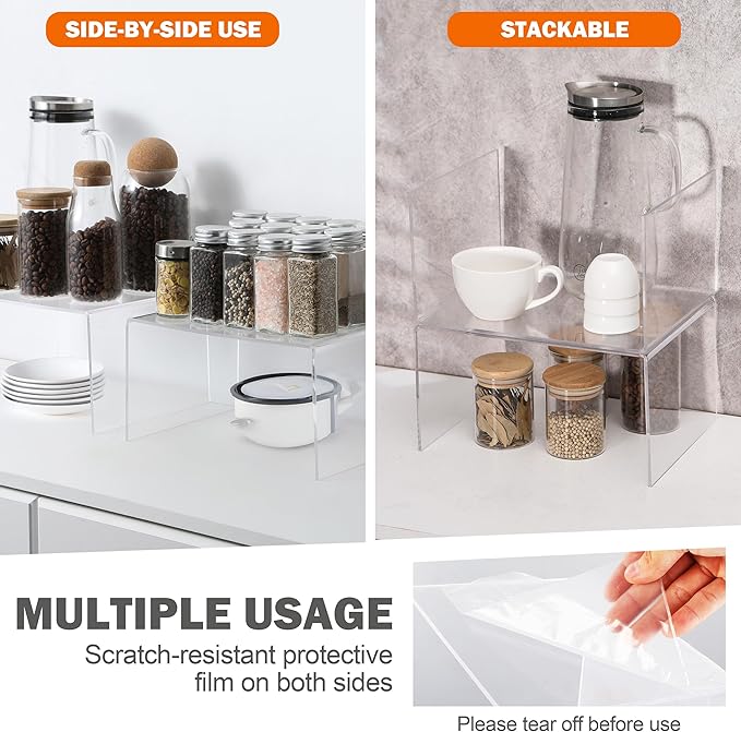 Acrylic Kitchen Cabinet Organizer Shelf, Spice Rack, Plate and Cupboard Storage Riser, Versatile Pantry Shelf, Durable Clear Countertop Organizer for Home and Kitchen(4 PCS)