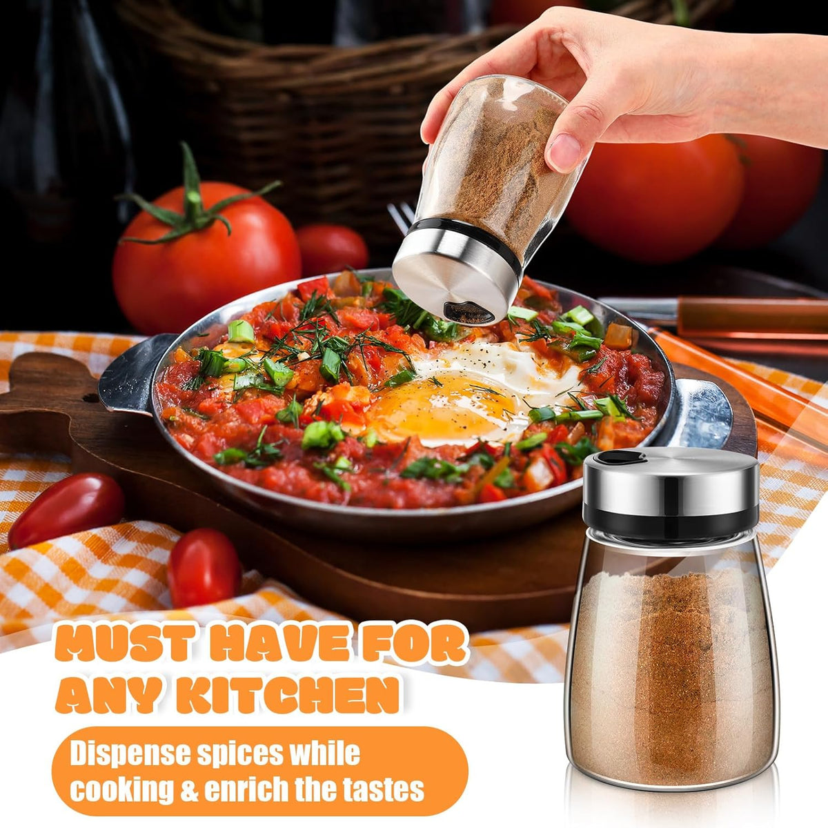 Zhehao 10 Pcs Salt Pepper Shakers Set with Adjustable Pour Holes Stainless Steel Spice Dispenser 6oz Clear Glass Seasoning Containers for Kitchen Restaurant Home BBQ Camping Farmhouse Accessories