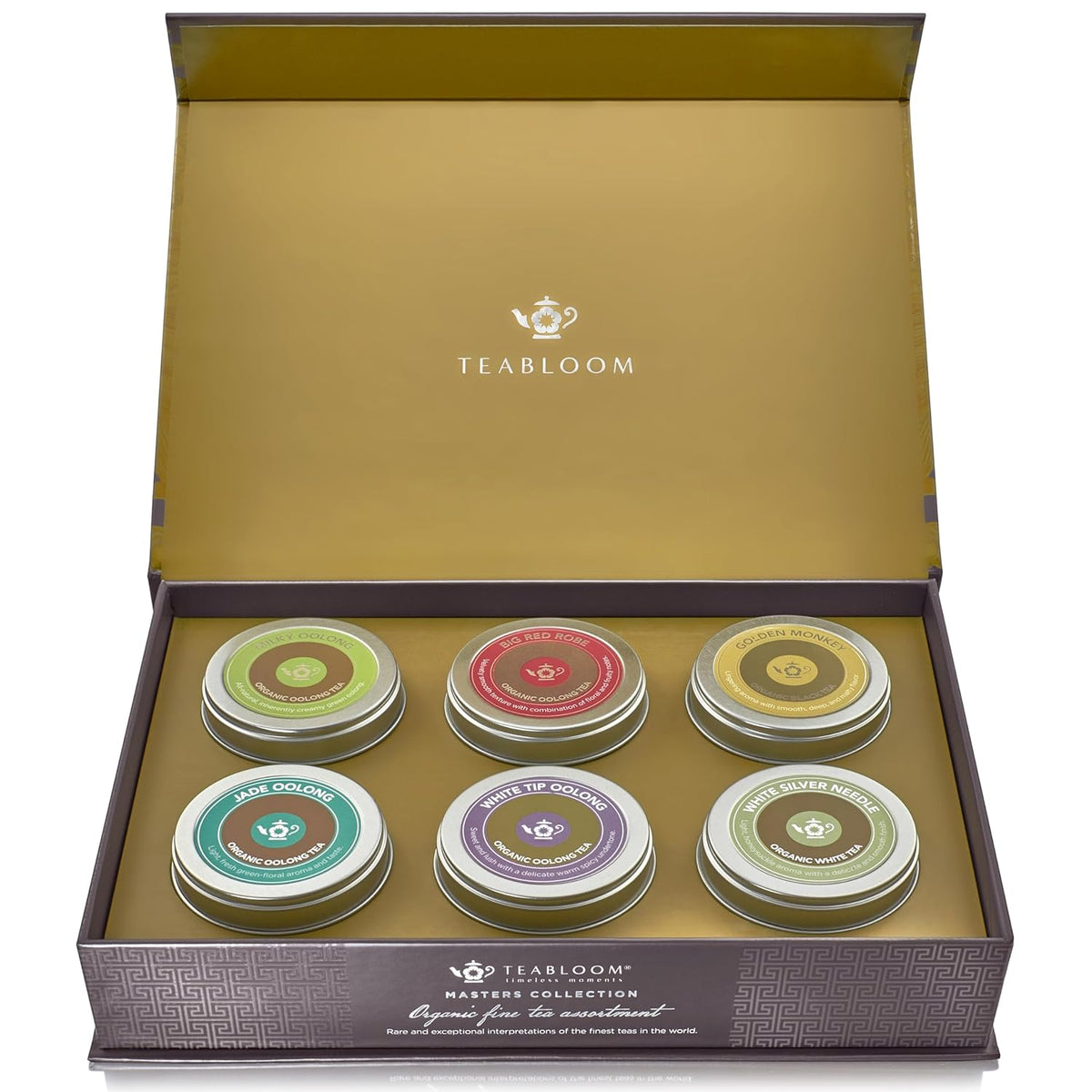 Teabloom Masters Collection - Six Rare Single-Origin Organic Loose Leaf Teas - Milky Oolong, White Silver Needle, Big Red Robe, Golden Monkey, Jade and White Tip Oolong
