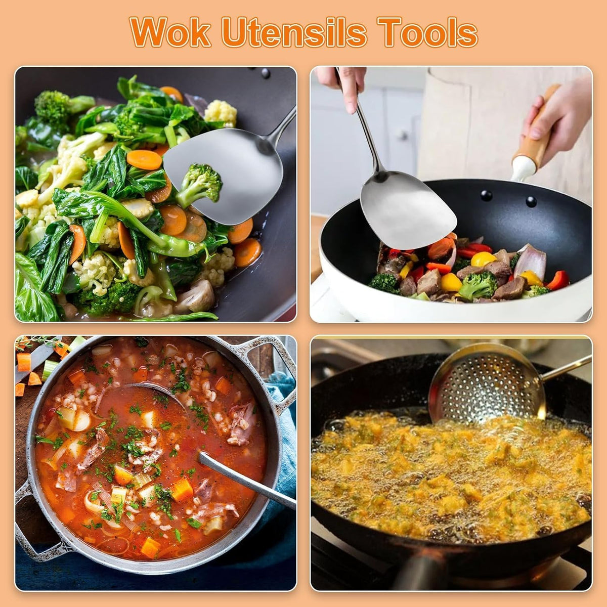 FJNATINH Soup Ladle, 13.7inches Ladle for wok, 304 Stainless Steel wok spatula,Wooden Handle