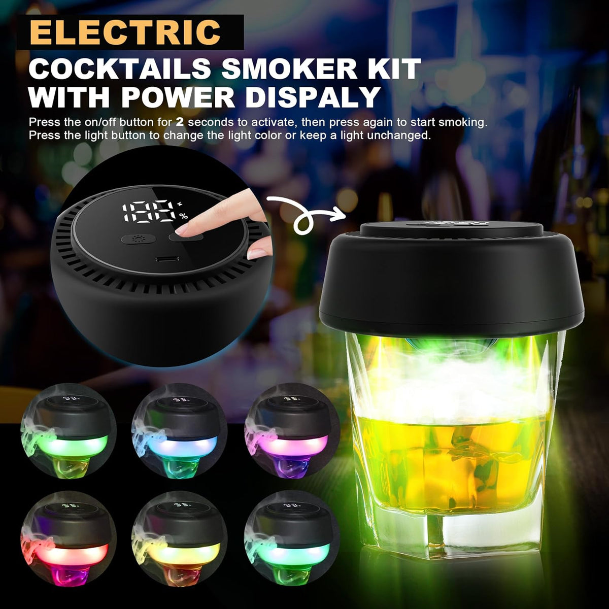 Electric Whiskey Smoker Kit Built-in Lighter with 7 Colorful Lights, Flameless Rechargeable Electric Drink Smoker Kit with 6 Wood Chips – Premium Cocktail Smoker Kit Set for Men, Husband, Dad