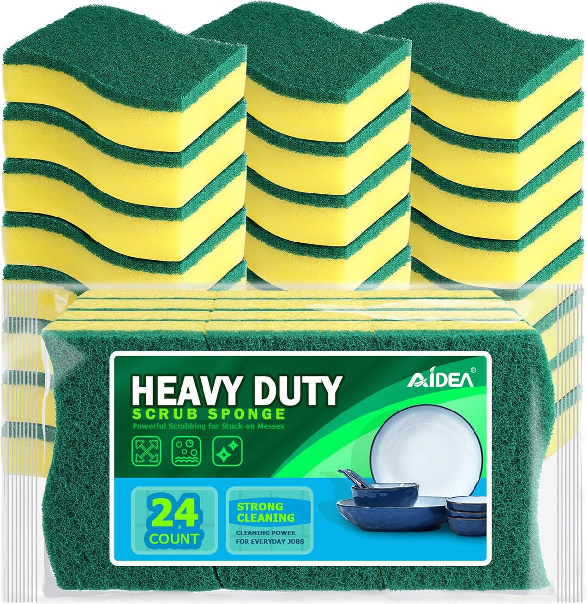 AIDEA Sponges Kitchen, 24 Pack Heavy Duty Dish Sponge, Cleaning Dish Scrubber Sponge for Home and Kitchen, Stink-Free Cleaning Supplies for Pots, Pans