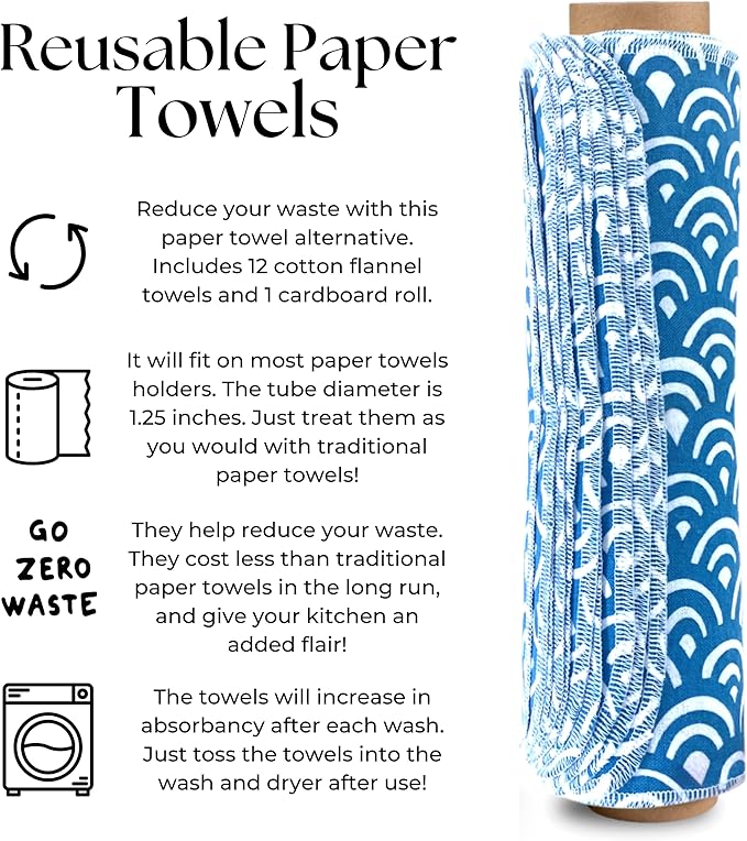 The Useless Brand Reusable Paper Towels Roll | Washable Cotton Flannel Sheets w/Cardboard Roll | Fits on Most Holders (Waves, 12 Towels)