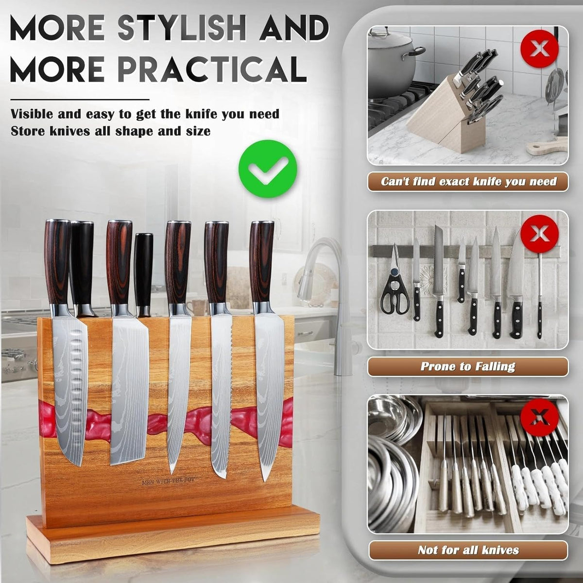 MEN WITH THE POT 13 x 10 Inches Magnetic Knife Block, Double Sided Powerful Wood & Red Flow Pattern Magnetic Kitchen Knife Holder Stand, Knife Storage Organizer for Kitchen Counter (Without Knives)