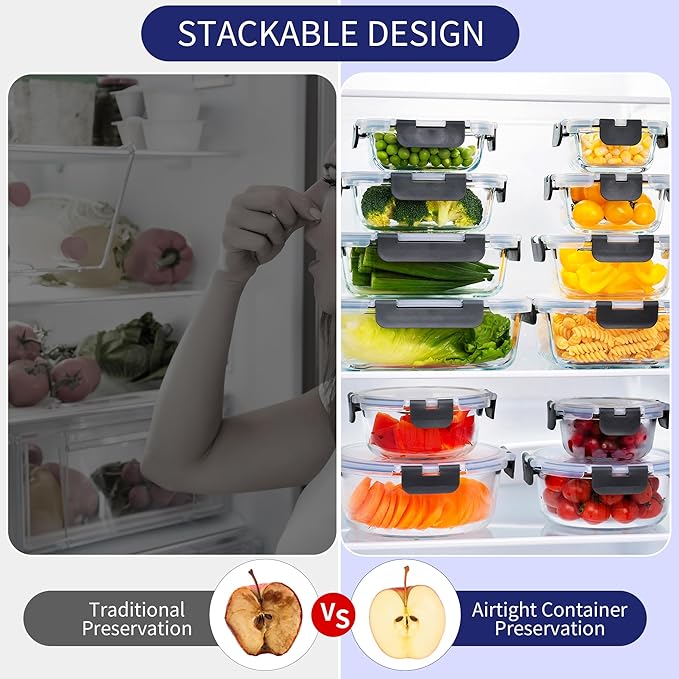 MFY 12-Pack Glass Storage Containers with Lids, Glass Meal Prep Containers Set, Airtight Lunch Containers with Lids, Microwave, Oven, Freezer and Dishwasher Safe, Green