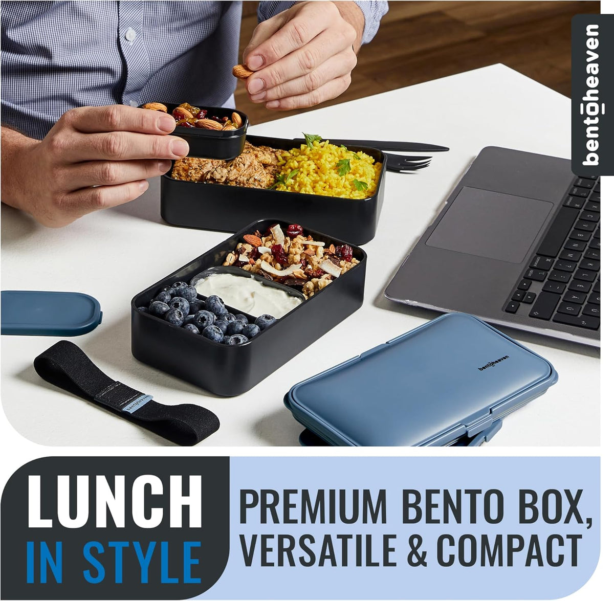 Bentoheaven Premium Bento Box Adult Lunch Box with Compartments for Women & Men, Set of Utensil & Chopsticks & Dip Container, Cute Japanese Kids Bento Lunch Box, Microwavable (Steel My Heart)