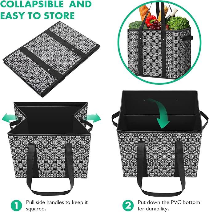 WISELIFE Reusable Grocery Bags [2 Pack],Large Grocery Tote Bag Water Resistant Shopping Bags Foldable Grocery Bag for Clothes,Shoes and Picnic,Black