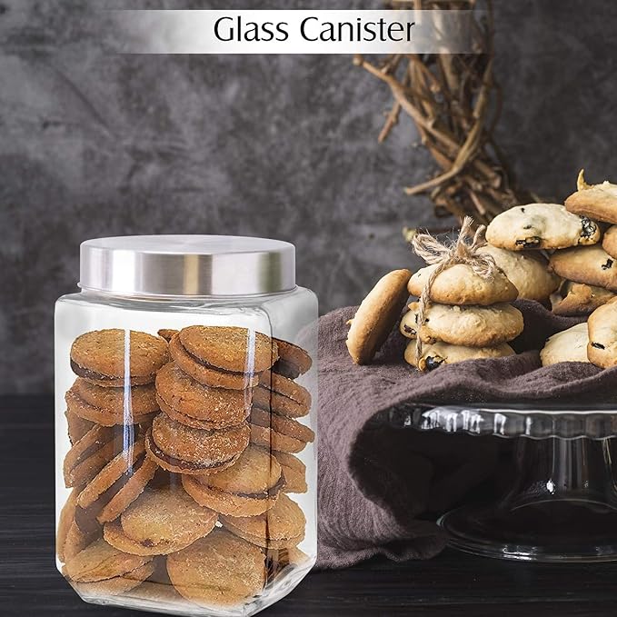 Glass Containers for Kitchen – Set of 3 Food Storage Containers – Storage Jars with Stainless Steel Lids – Suitable for Cookies, Snacks, Coffee – Screw-on Lid – 57oz Capacity